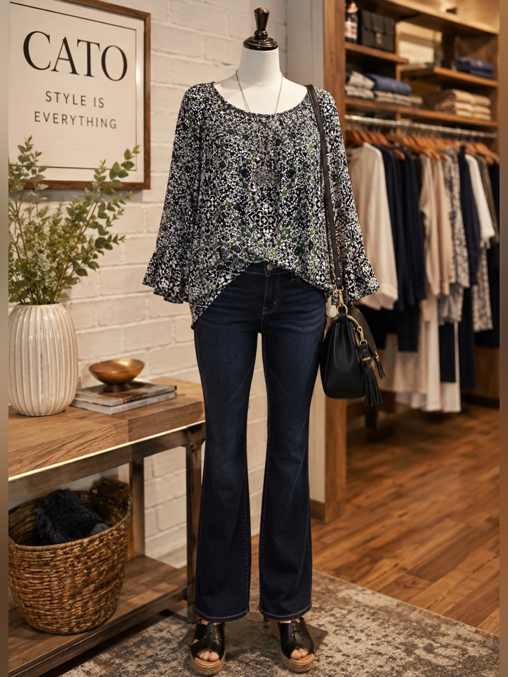 Cato| Women’s Black & White Floral-Print Peasant Blouse with Green Accents